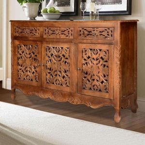 Java Wood Handcrafted Solid Teak Wood Midcentury <b>Sideboard</b> with 3 Drawers Carved Doors Antique Design for <b>Kitchen</b> & Hotel Use - Product Image 1