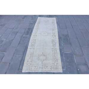 Turkish <b>Runner</b> <b>Rug</b> 3.3x10.3 ft, Vintage White Abstract Wool <b>Rug</b> - Product Image 1