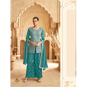 Maruti Fashion Heavy Vichitra Silk Broderie Work Set Beau traditionnel indien et pakistanais court Kurti Palazzo avec Dupatta - Product Image 1