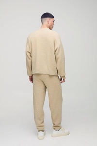 Ensemble de survêtement pour homme en tricot texturé beige à col rond et pantalon de jogging assorti, vêtements en gros OEM ODM - Product Image 2