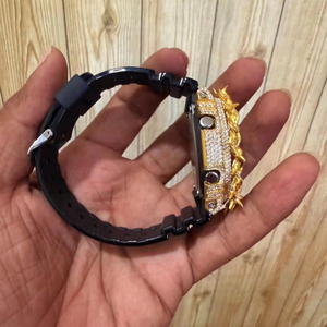 Luxury Analog & <b>Digital</b> Moissanite Simulated Diamond <b>Watch</b> Black Rubber Band with Spiked Bezel Crown Design HipHop Gold Edition - Product Image 6