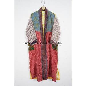 Luxury Floral Elegant Silk Patchwork Kimono Robe Handmade Indian Vintage Recycled Silk Sari <b>Long</b> <b>Sleeve</b> Drawstring Closure - Product Image 4