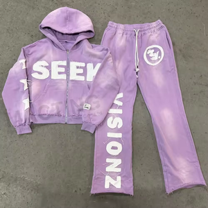 Ensemble survêtement vintage pour homme avec logo personnalisé brodé, sweat à capuche zippé intégral et pantalon de jogging en molleton 100% coton, coupe pattes d'éléphant, pour l'hiver - Product Image 2