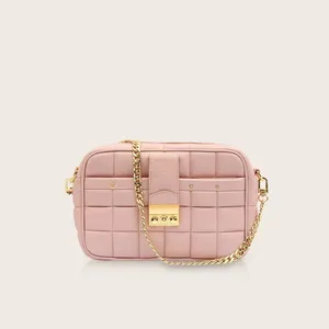 Premium Quality Pink Genuine Leather Classic Women's Sling Bag Square quilted pattern in Nappa leather