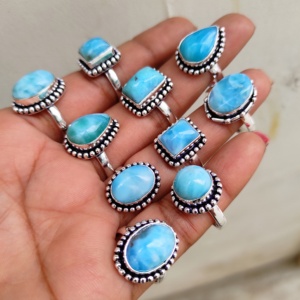 Vente en gros de bague en argent plaqué 925 grosse pierre de Larimar bijoux en laiton mariages fiançailles fêtes cadeaux d'anniversaire - Product Image 3