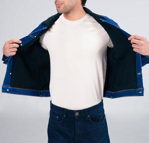 Diseñador personalizado de los hombres Vintage Jean Abrigos Chaquetas de mezclilla Botón de gran tamaño de algodón Varsity Stand Collar Front Logo para los hombres - Product Image 3