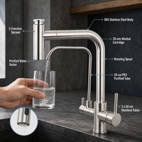 Robinet de cuisine moderne en acier inoxydable 304 poli, avec filtre eau chaude/froide, douchette extractible, à poser sur plan, avec valve en céramique
