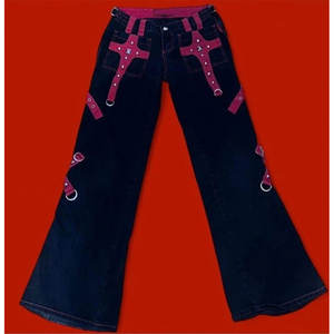 2026 Women's Gothic Red And <b>Black</b> Wide Leg Flare Pants With Zippers And Grommet - Product Image 2