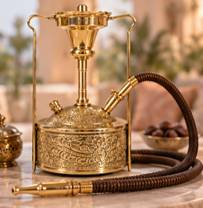 Chicha de table de luxe en laiton doré avec finition laquée florale égyptienne |   Chicha arabe ornée, martelée à la main - Product Image 1
