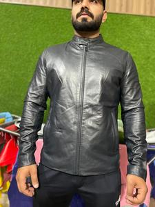 Genuine Leather <b>Jacket</b> with Woven Logo Zipper Closure Solid Pattern for Spring or Winter Season - Product Image 2