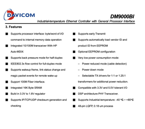 Controlador Ethernet Davicom DM9000BIEPE5 10/100Mbps <span class=keywords><strong>MAC</strong></span> PHY con interfaz de procesador general - Product Image 3