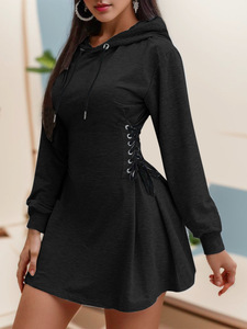 Vestido con capucha ajustado ecológico informal para mujer, cuello en V, manga larga con lazo en la cintura, Mini sudadera de Color sólido para otoño - Product Image 6