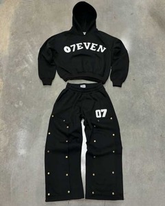 Conjunto de Sudadera con Capucha y Pantalones Deportivos de Algodón 100% Ecológico, con Efecto Desgastado por el Sol, Bordado, Lavado al Ácido, Estilo Crop, Acampanado y Apilado - Product Image 5
