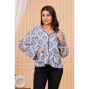 Autumn Blue Printed Cotton Jacket for Women Customizable Logo Quilted Bomber Style Patchwork Decoration Button <b>Fur</b> Spandex - Product Image 1