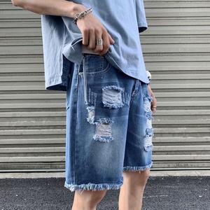 Short d'été en jean Streetwear pour homme avec boutons, fermeture éclair, trous déchirés et pompon 100% coton, poches larges sur les jambes - Product Image 2
