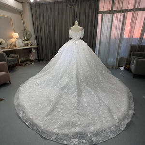 For OY001 Modern Elegant Scoop Neckline Chapel Train Long Skirt Lace Appliqued Flower Wedding Dress with Short Sleeves - Product Image 2