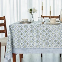 Couverture de table de salle à manger en coton floral imprimé à la main bleu acier couleur et taille personnalisable moderne