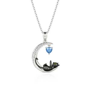 Collier personnalisé Jeulia Moon Huggers avec pierre de naissance et chat - Chaîne en acier inoxydable plaqué rhodium et or avec cœur en diamant - Product Image 1