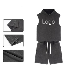 Vintage Acid Wash <b>Sleeveless</b> <b>Hoodies</b> Men's Shirt Set Custom Printed Casual Clothing for Men for Autumn - Product Image 2