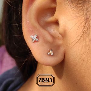 Elegant 4 Petal Diamond Stud <b>Earring</b> GIA IGI Certified in 14K 18K Gold Custom Bezel Prong Setting Tragus <b>Daith</b> Lobe Cartilage - Product Image 6
