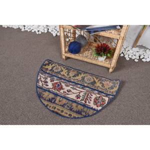 Alfombra de látex y lana azul clásica vintage hecha a mano, ecológica, con patchwork, 2.5 x 1.5 pies, semicircular, de pelo medio, para comedor. - Product Image 3