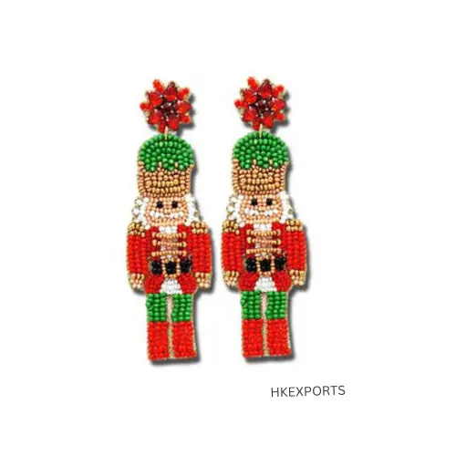 Handcrafted Christmas Nutcracker Soldier Seed Beaded Acrylic Holiday Drop Earrings - Festive Seasonal Jewelry