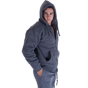 Pull à capuche d'hiver en molleton de polyester doublé Sherpa de couleur unie pour hommes, épais, respirant, écologique, avec fermeture à glissière, vente en gros - Product Image 2