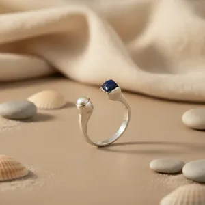 Bague ouverte en argent 925 avec pierres précieuses naturelles turquoise et grenat, motif géométrique, plaqué rhodium, bijoux uniques pour femmes - Product Image 3