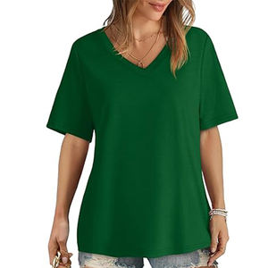 Femmes été décontracté couleur verte vente en gros à manches courtes T-Shirts broderie décoration respirant toile col en v Style - Product Image 2