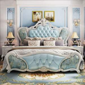 Lit royal élégant sur mesure de style européen du milieu du siècle, moderne, avec 2 tables de chevet, revêtement en cuir, bois de teck massif, meubles de maison - Product Image 4