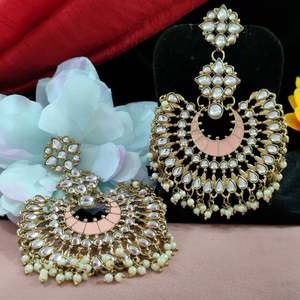 Intricate Kundan and Meenakari Fusion <b>Earrings</b> Beautifully Complemented by Hanging <b>Pearls</b> and Vibrant Work - Product Image 4