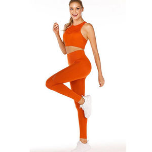 Ensembles de legging de yoga pour femmes respirant sans couture col montant soutien-gorge de sport haut court solide deux pièces mode pour les sports de course - Product Image 2