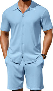 Ensembles de tenues 2 pièces imprimées pour hommes Ensemble chemise et short en tricot boutonné à manches courtes décontractées Tenues de plage d'été - Product Image 2