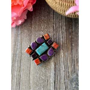 Broche Vintage Navajo de Turquesa Esmaltada con Perlas y Cristales, Multicorales, de Plata Esterlina, Regalo para Ocasiones Especiales, Tecnología de Esmaltado - Product Image 3