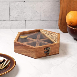 Caja de Especias Rústica de Madera de la Más Alta Calidad con Tapa de Vidrio Hexagonal, Caja de Madera con Seis Compartimentos - Product Image 3