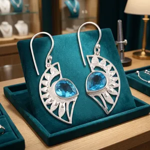 Niharika Gems Women's 925 Silver Bohemia Drop <b>Earrings</b> Geometric Pattern Swiss <b>Blue</b> <b>Topaz</b> Bezel Setting Everyday Wear - Product Image 1