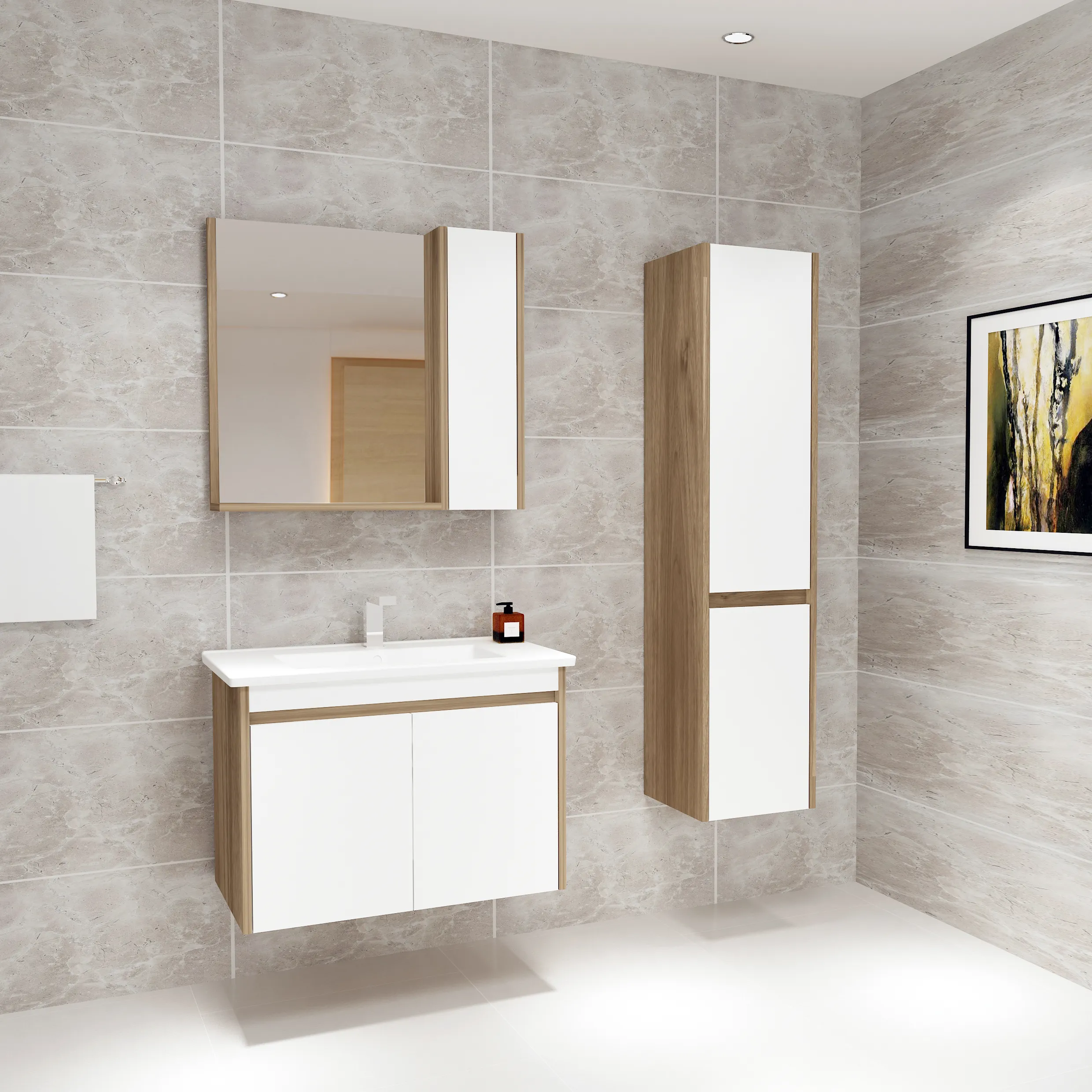 Maya 55 cm salle de bain haut-bas MDF lavabo avec miroir, simple évier en céramique et côté haut armoire ensemble-noyer et blanc