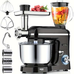 Batteur sur socle électrique multifonctionnel Homlee 6-en-1, bol en acier inoxydable de 5,5 L, 2000 W, 6 vitesses, hachoir à viande à tête inclinable, mixeur à jus - Product Image 1