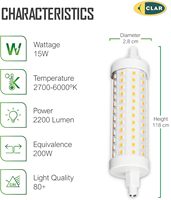 Bombilla LED CLAR-R7S de 118 mm, Regulable, 15 W (Equivalente a 200 W Halógeno), Lámpara Lineal de Alta Potencia para Proyectores y Focos Residenciales
