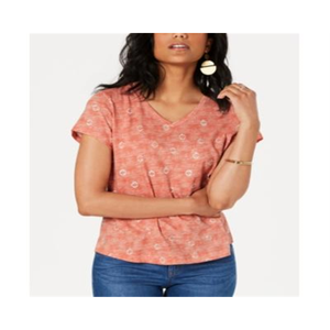 T-shirt da donna Style & Co slim fit con scollo a V in cotone traspirante stampato taglia unica XS lunghezza crop corallo - Product Image 1