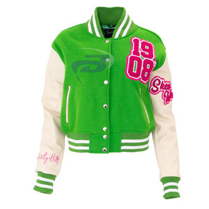 อัลฟ่า |   คาปา |   เสื้อแจ็คเก็ตวาร์ซิตี้ Alpha Sorority สีเขียว สำหรับปักโลโก้ กันลม ระบายอากาศได้ดี สำหรับ AKA Sorority แบบสั่งทำพิเศษ - Product Image 1