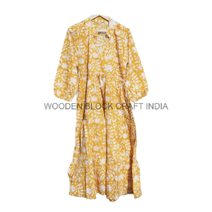 Robe midi décontractée confortable à manches longues pour les fêtes d'été, magnifique, 100% coton, imprimé floral léopard, faite à la main en Inde, naturelle - Product Image 4