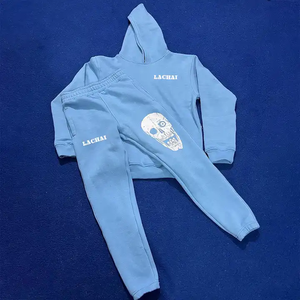 Custom 3D Puff Print Sweatsuits Two Pieces Fleece Tracksuit Set <b>Oversized</b> Cotton <b>Joggers</b> Flared Sweatpants and Hoodie Set Men - Product Image 4