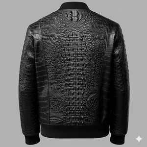 Blouson aviateur en cuir noir de luxe - Imprimé gaufré Streetwear Blouson d'hiver - Coupe-vent et écologique - Product Image 2