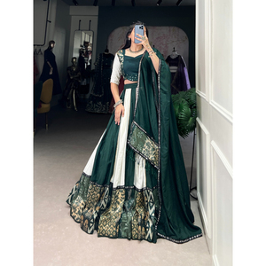 ผ้าเรยอน lehenga choli แท้ดีไซเนอร์กระจกพิมพ์ลายพื้นแบบหนาลูกไม้ Gota patti สำหรับงานแต่งงานสวมใส่ในฤดูร้อนฤดูหนาว - Product Image 1