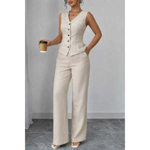 Ensemble deux pièces en lin pour femme, chemisier sans manches boutonné devant et pantalon, 36006 - Beige - Product Image 1