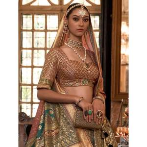 Impresionante Lehenga Choli Indio de Seda Rajwadi Marrón con Dupatta, Tejido en Georgette, para Bodas, Festivales y Ropa Étnica, Salwar - Product Image 4
