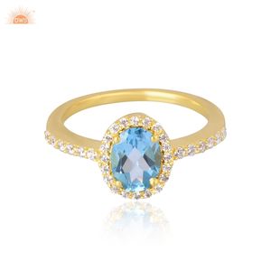 Anillo de Compromiso Elegante con Topacio Azul Natural y Circonita Cúbica, Chapado en Oro de 14k, Fabricante de Joyería - Product Image 3