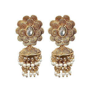 Kriaa <b>Gold</b>-Plated White Stone Floral Jhumki <b>Earrings</b> 1311340 Fashion Jewelry <b>Set</b> - Product Image 1
