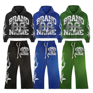 Streetwear personnalisé en détresse brodé Patch strass fermeture éclair à capuche et pantalon de survêtement ensemble hommes lavage à l'acide survêtement - Product Image 1